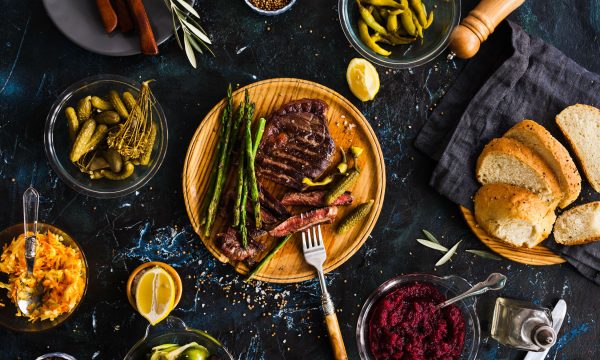 BBQ Beef steak with pickled veggies, cucumber, cabbage, beeroot, BBQ Beef steak with pickled veggies, cucumber, cabbage, beeroot,