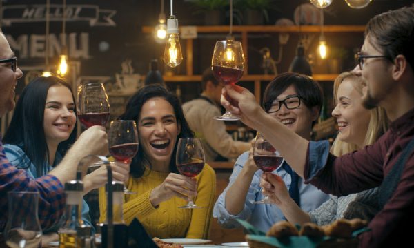 Diverse Group of Friends Celebrate with a Toast and Clink Raised Diverse Group of Friends Celebrate with a Toast and Clink Raised Wine Glasses in Celebration. Beautiful Young People Have Fun in the Stylish Bar/ Restaurant.